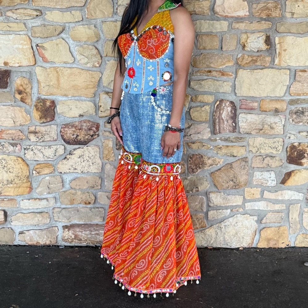 Colorful Denim and Orange Maxi Dress